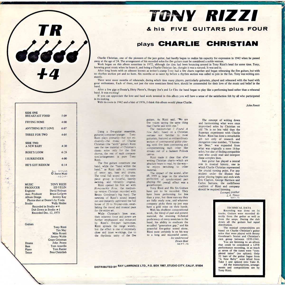 Tony Rizzi & His Five Guitar Plus Four - Plays Charlie Christian - Back cover